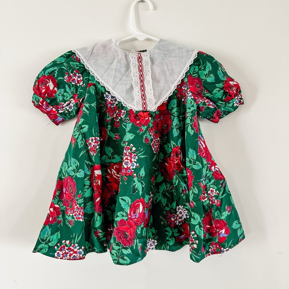 Vintage Girls 3T Kalula Kids Green & Red‎ Rose Floral Dress Lace Collar 90's